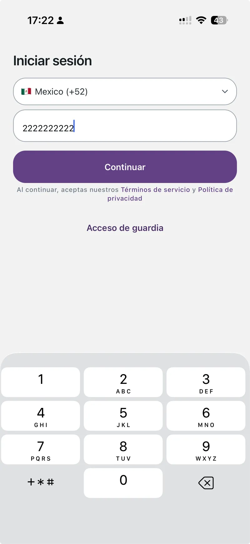 Phone number entry screen in the Moradas mobile app