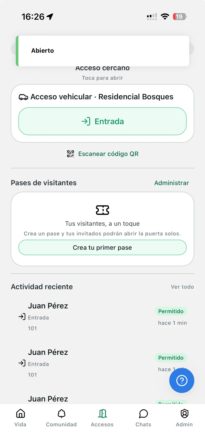 Access point screen in the Moradas mobile app showing the Open button and the Scan QR option